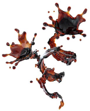 Alkol, kola, kahve sıvı sıçraması izole damlacıkları ile. 3D çizim