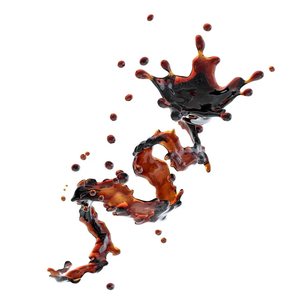 Алкоголь, кола, кавова рідка спіраль з краплями ізольовані. 3D ілюстрація — стокове фото