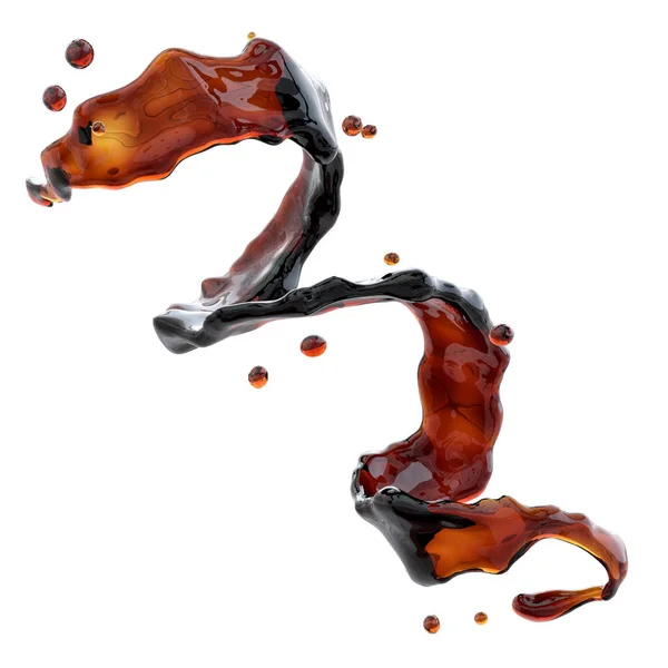 Alcohol, cola, espiral líquida de café con gotas aisladas. Ilustración 3D —  Fotos de Stock