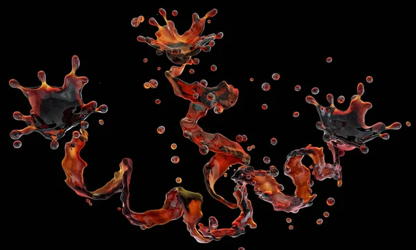 Alcohol, cola, coffee liquid splashes with droplets isolated. 3D illustration
