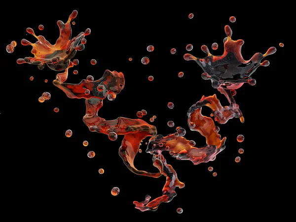 Alkol, kola, kahve sıvı sıçraması izole damlacıkları ile. 3D çizim