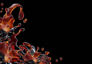 Alkol, kola, kahve sıvı sıçraması izole damlacıkları ile. 3D çizim