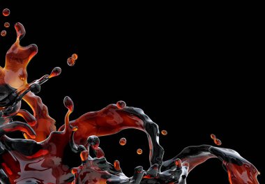 Alkol, kola, kahve sıvı sıçraması izole damlacıkları ile. 3D çizim