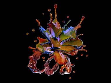 Alkol, kola, kahve sıvı sıçraması izole damlacıkları ile. 3D çizim