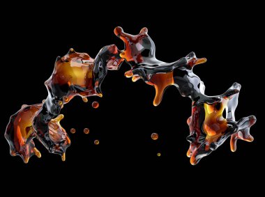 Alkol, kola, kahve sıvı sıçraması izole damlacıkları ile. 3D çizim