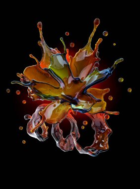 Alkol, kola, kahve sıvı sıçraması izole damlacıkları ile. 3D çizim