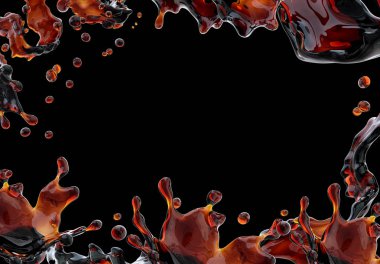 Alkol, kola, kahve sıvı sıçraması izole damlacıkları ile. 3D çizim