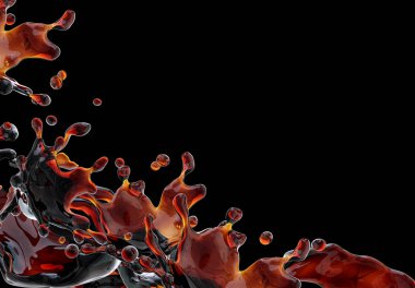 Alkol, kola, kahve sıvı sıçraması izole damlacıkları ile. 3D çizim