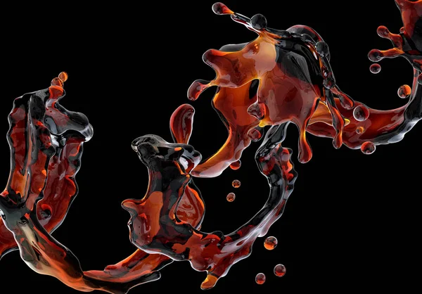 Alcohol, cola, coffee liquid splashes with droplets isolated. 3D illustration