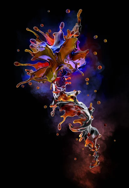 Alkol, kola, kahve, tatlım sıvı sıçrama damlacıkları, siyah arka plan üzerine izole ile. Sıvı şablon tasarım öğesi. 3D çizim