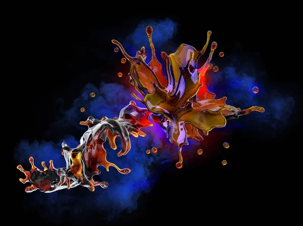 Alkol, kola, kahve sıvı sıçraması damlacıkları, dekoratif ile. 3D çizim