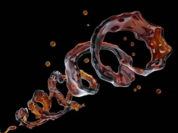 Alcohol, cola, coffee liquid splashes with droplets isolated. 3D illustration