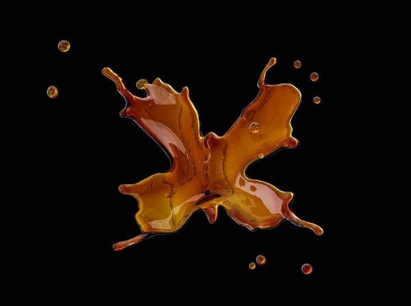 Αλκοόλ, αναψυκτικά τύπου κόλα, καφέ πιτσιλιές από υγρά με τα σταγονίδια που απομονώνονται. 3D απεικόνιση — Φωτογραφία Αρχείου