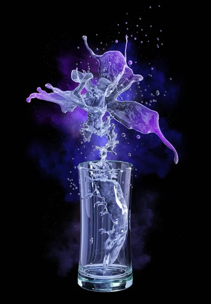 Alcohol, water, juice liquid splashes out of glass, decorative. 3D illustration