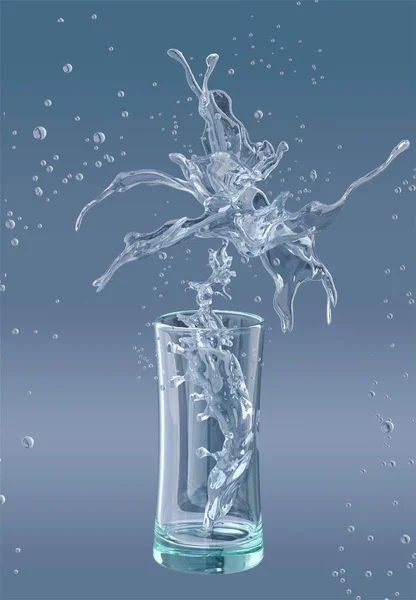 Alcohol, water, juice liquid splashes out of glass, decorative. 3D illustration