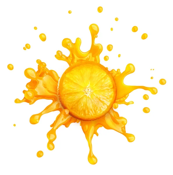 Šťáva splash s oranžovou a kapky, samostatný. 3D obrázek — Stock fotografie