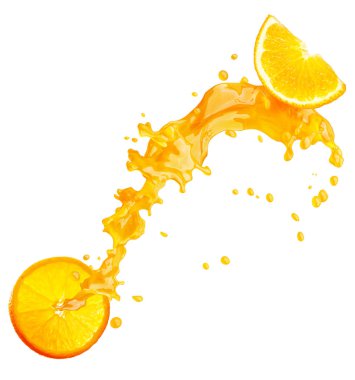 Suyu sıçrama portakal ve izole damlacıkları ile. 3D çizim