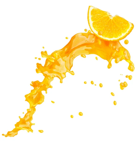 Salpicos de suco com laranja e gotículas isoladas. Ilustração 3D — Fotografia de Stock
