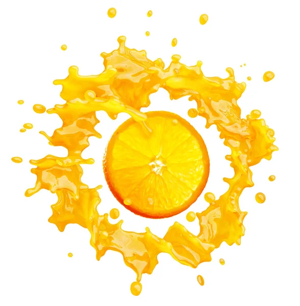 Saft spritzt mit Orangen und Tröpfchen isoliert. 3D-Illustration — Stockfoto