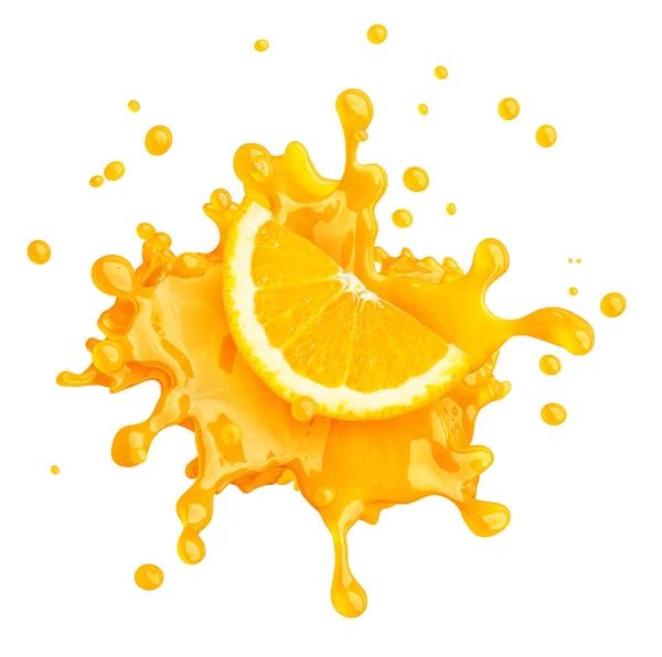 Zumo salpicado con naranja y gotitas aisladas. Ilustración 3D —  Fotos de Stock