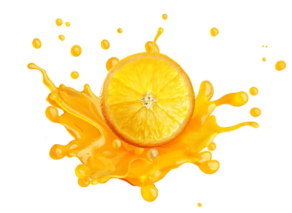 Saft spritzt mit Orangen und Tröpfchen isoliert. 3D-Illustration — Stockfoto