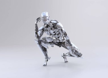 Robot cyborg erkek, oturma ve düşünme, kafasını elini. 3D çizim