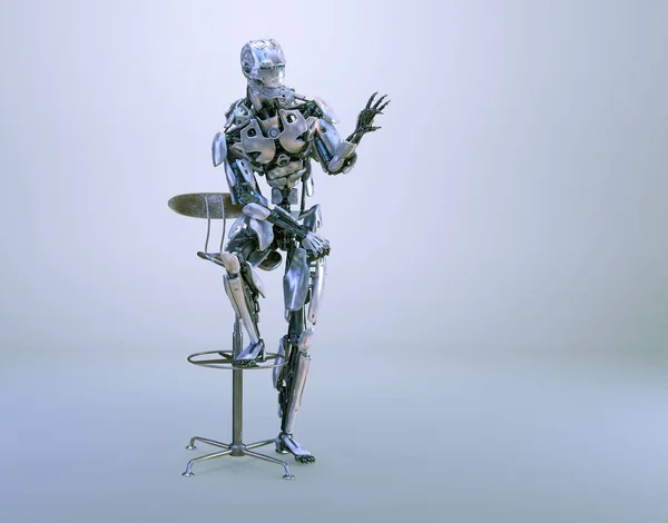 Un robot humanoide masculino, androide o cyborg, sentado en la silla y sosteniendo la maqueta. Ilustración 3D —  Fotos de Stock