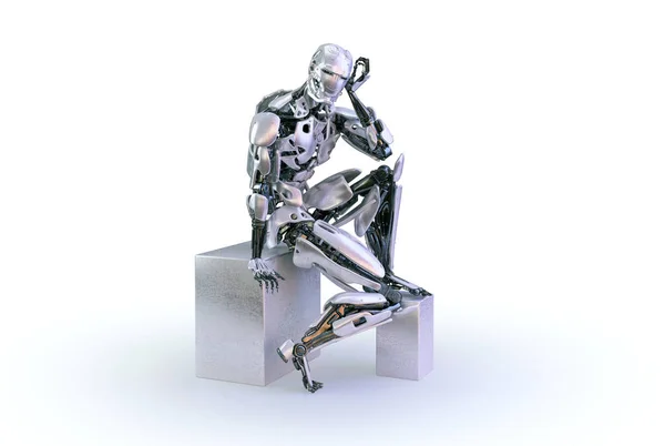 Un robot humanoide masculino, androide o cyborg, sentarse y pensar o computar en fondo de estudio blanco. Ilustración 3D —  Fotos de Stock