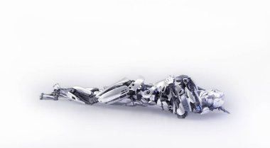 Bir yorgun erkek insansı robot, android veya cyborg, yerde yatıyor. 3D çizim