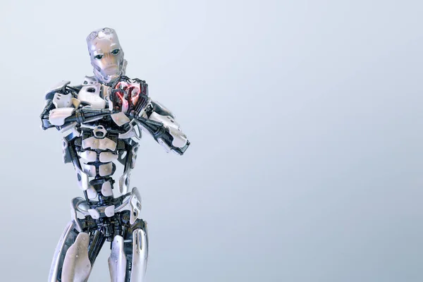 Hombre cyborg robot de pie, manos en forma de corazón. Ilustración 3D —  Fotos de Stock