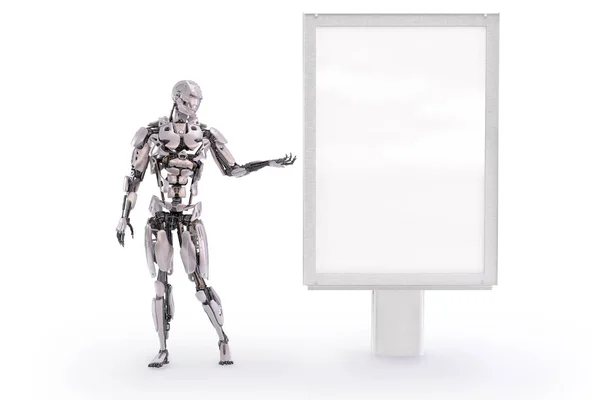 Robot apuntando a una cartelera publicitaria en blanco o maqueta de pie. Ilustración 3D —  Fotos de Stock