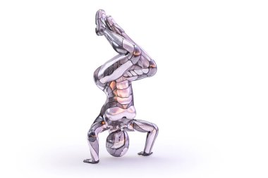 Dişi robotun içine baş aşağı poz. Android, insanımsı veya cyborg yapay zeka teknoloji kavramı. 3D çizim