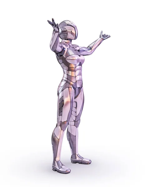Robot mujer de pie brazos extendidos. Concepto de tecnología de inteligencia artificial androide, humanoide o cyborg. Ilustración 3D —  Fotos de Stock