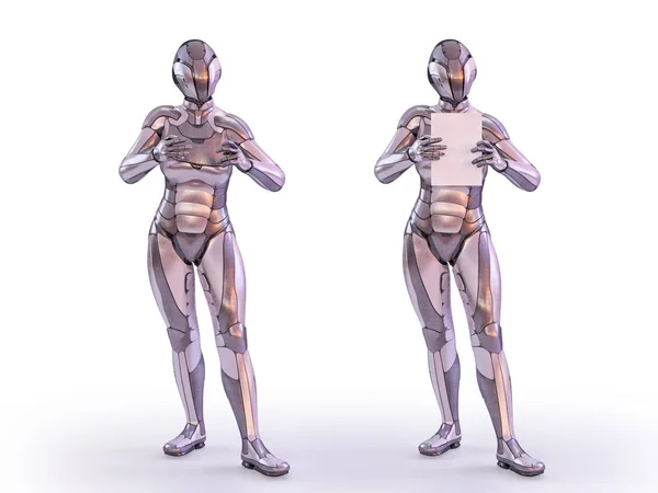 Robot mujer de pie y sosteniendo hoja de papel maqueta en blanco. Concepto de tecnología de inteligencia artificial androide, humanoide o cyborg. Ilustración 3D —  Fotos de Stock