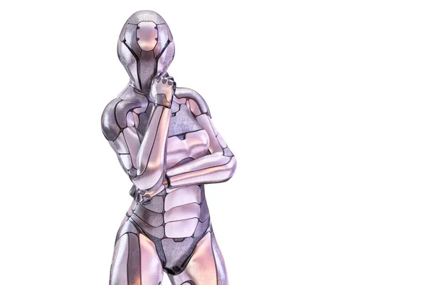 Kvinnlig robot stående och tänkande. Android, humanoid eller cyborg artificiell intelligens teknik koncept. 3D illustration — Stockfoto