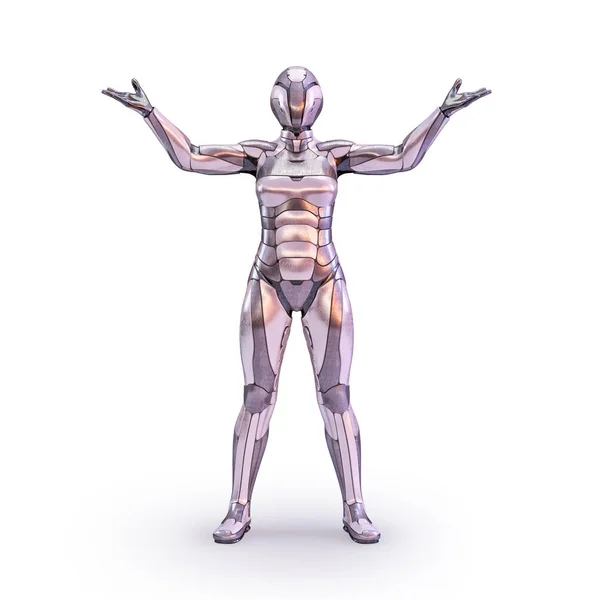 Robot mujer de pie brazos extendidos. Concepto de tecnología de inteligencia artificial androide, humanoide o cyborg. Ilustración 3D —  Fotos de Stock