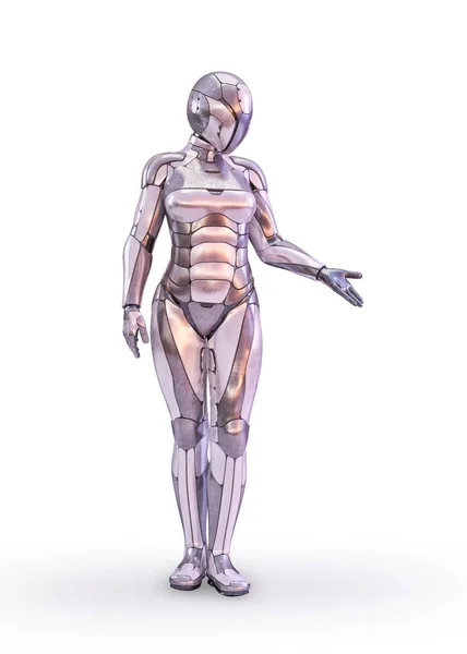 Mujer robot cyborg androide apuntando mano, concepto de tecnología de inteligencia artificial. Ilustración 3D —  Fotos de Stock