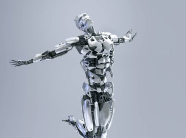 Bir erkek insansı robot, android veya Robot kollar yukarı poz, özgürlük ve mutluluk kavramı. Yapay zeka teknoloji kavramı. 3D çizim