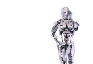 Robot akıllı telefonda konuşurken. Android, insanımsı veya cyborg yapay zeka teknoloji kavramı. Fütüristik bilim kurgu öğesi. 3D çizim