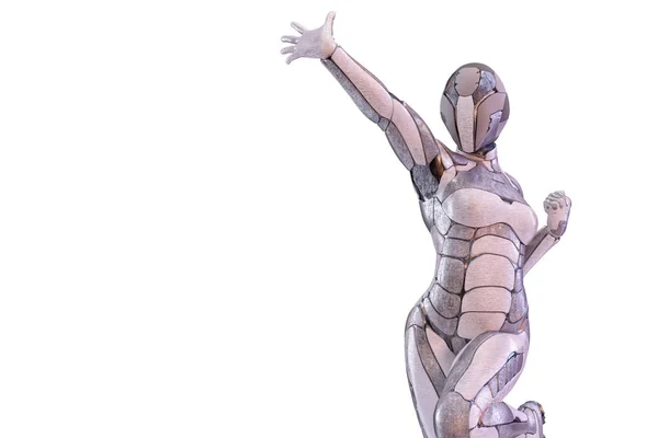 Un robot femenino juguetón extendió los brazos. Concepto de tecnología de inteligencia artificial androide, humanoide o cyborg. Ilustración 3D —  Fotos de Stock