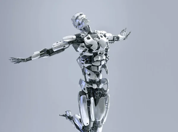 Un robot humanoide masculino, androide o cyborg levanta la pose, la libertad o el concepto de felicidad. Concepto de tecnología de inteligencia artificial. Ilustración 3D —  Fotos de Stock