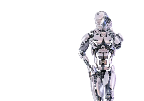 Robot hablando por teléfono inteligente. Concepto de tecnología de inteligencia artificial androide, humanoide o cyborg. Elemento futurista de ciencia ficción. Ilustración 3D —  Fotos de Stock