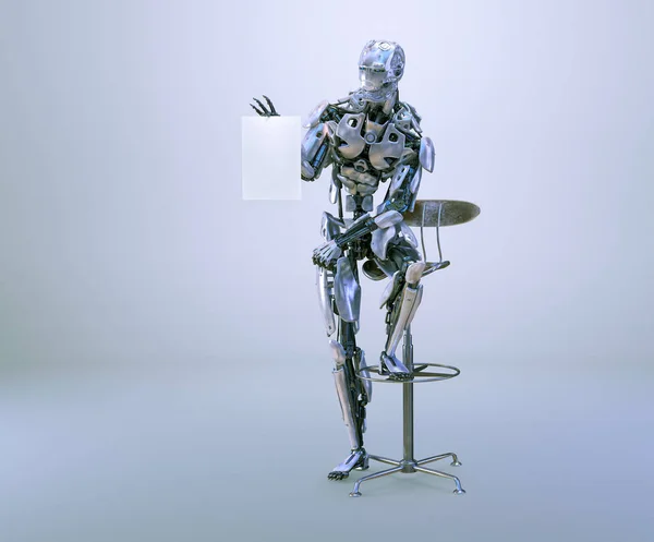 Robot androide cyborg macho, sentado en la silla y sosteniendo hoja de papel en blanco maqueta. concepto de tecnología de inteligencia artificial. Ilustración 3D —  Fotos de Stock