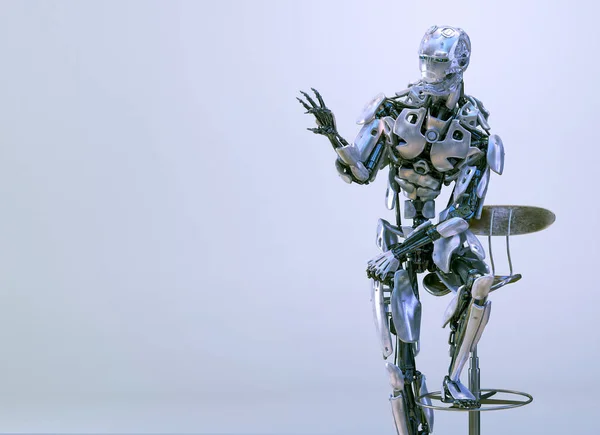 Un robot humanoide masculino, androide o cyborg, sentado en la silla y sosteniendo la maqueta. concepto de tecnología de inteligencia artificial. Elemento de diseño. Ilustración 3D —  Fotos de Stock