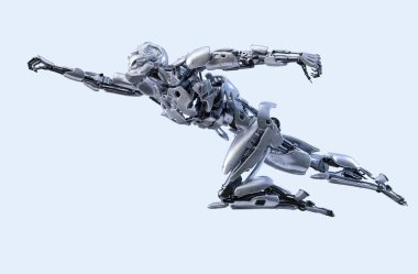 Uçan robot süper kahraman. Android, insanımsı veya cyborg güç teknoloji kavramı. 3D çizim.