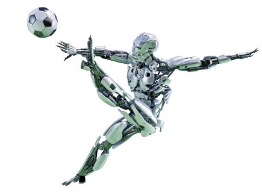 Bir robot futbol oynarken, futbol topu tekmeleme. Spor kavram. 3D çizim