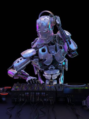 Robot dj dj mixer ve pikap adlı gece kulübünde parti sırasında oynar. Eğlence, parti kavramı. 3D çizim