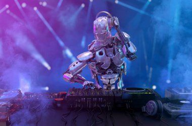 Robot dj dj mixer ve pikap adlı gece kulübünde parti sırasında oynar. Eğlence, parti kavramı. 3D çizim