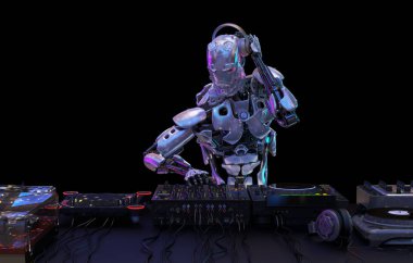 Robot dj dj mixer ve pikap adlı gece kulübünde parti sırasında oynar. Eğlence, parti kavramı. 3D çizim