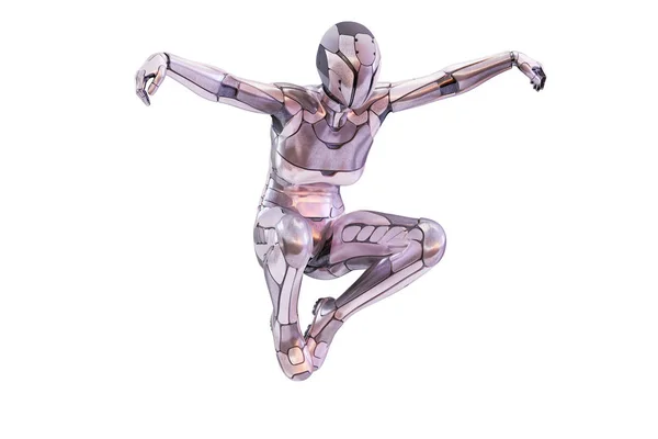 Woman robot jumping matrix style, isolated.  Healthcare, fitness and sport concept. 3D illustration — Stock Photo, Image